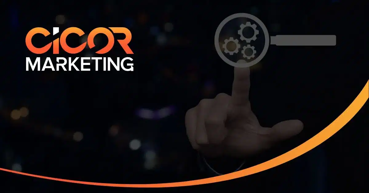 CICOR Marketing graphic about Answer Engine Optimization (AEO), featuring a magnifying glass over digital elements and search icons, illustrating how content is optimized to appear as direct answers in search engines and AI-powered platforms.