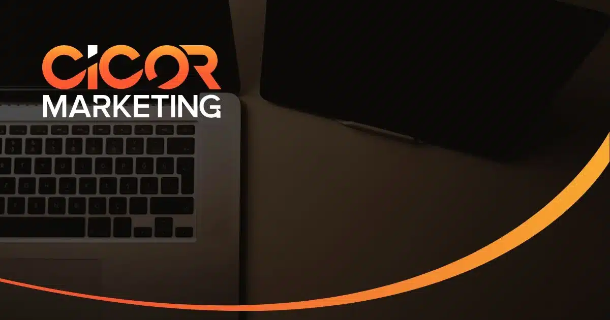 CICOR Marketing digital marketing graphic featuring stylized tech and analytics elements, illustrating core aspects of online marketing strategy including data analysis, audience targeting, and modern promotional techniques.