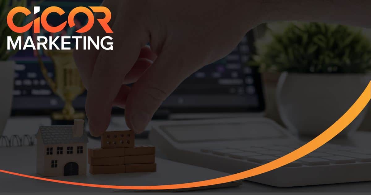 CICOR Marketing real estate marketing services graphic showing digital marketing elements, property icons, and analytics visuals to represent strategies that help real estate professionals increase online visibility, attract clients, and grow their business.