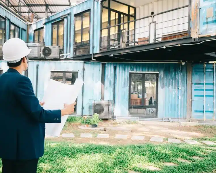 Builder reviewing plans outside a new home