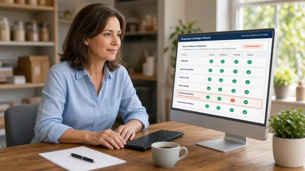 Bakery owner reviewing a business listings check that shows her name, address, and phone matching across sources, with one outdated phone number flagged