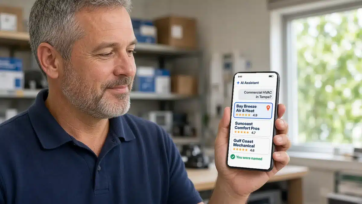 HVAC business owner in his Tampa shop holding a phone that shows an AI assistant naming his company as a top local pick for commercial HVAC