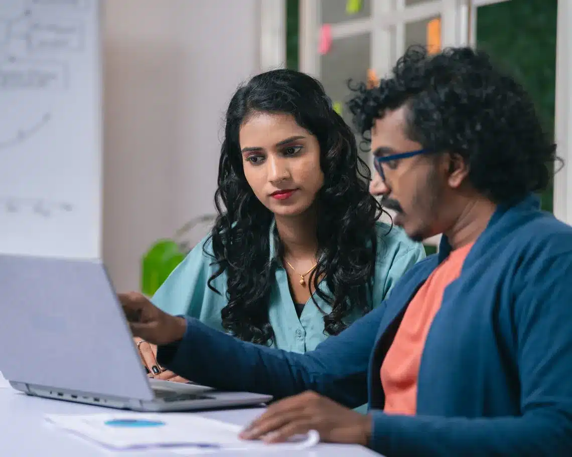 Consultant explaining plan on laptop to colleague