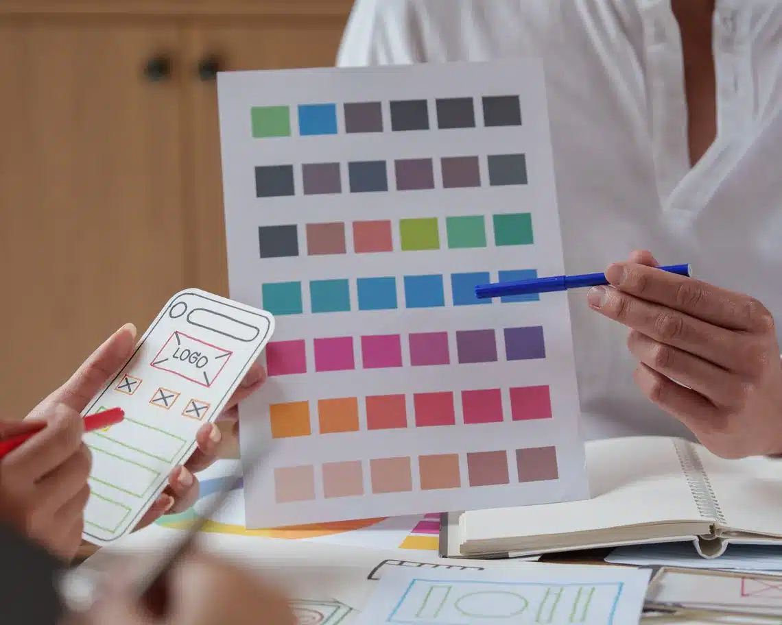 Designers reviewing brand color palette Designers reviewing brand color palette