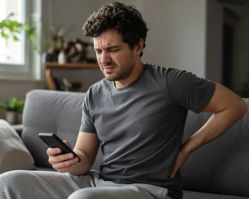 Man with back pain searching for chiropractor on phone