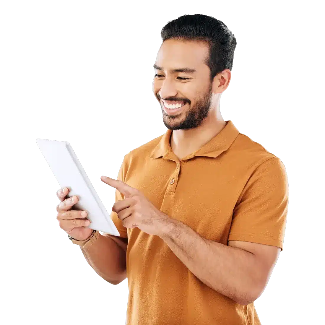 Marketer using tablet smiling