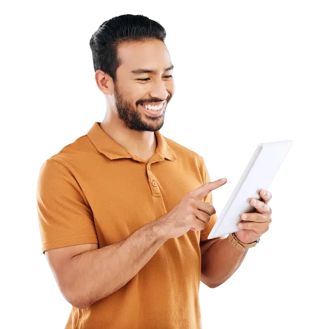 Marketer using tablet smiling
