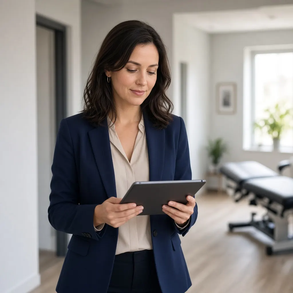 Marketing strategist reviewing chiropractic practice on tablet