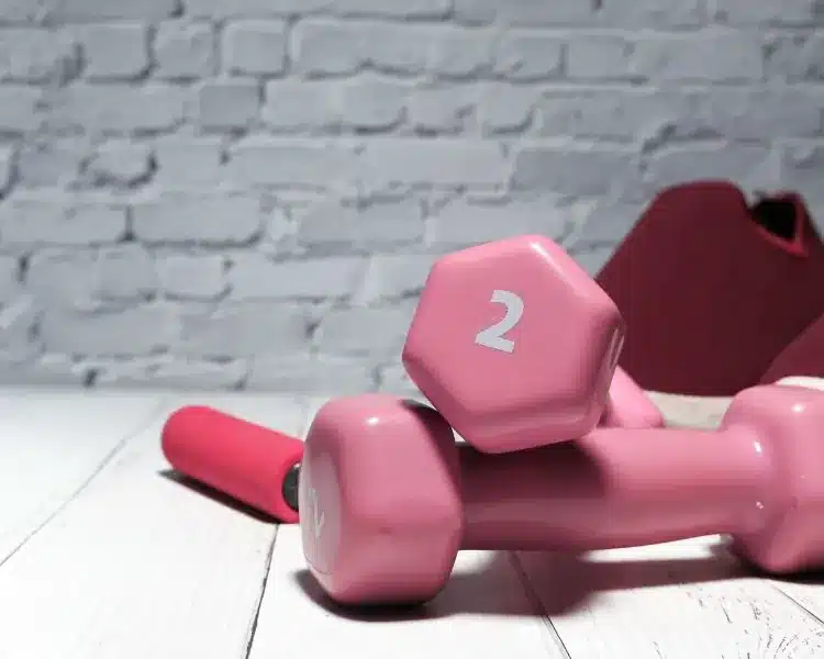 Pink dumbbells for a fitness program Pink dumbbells for a fitness program